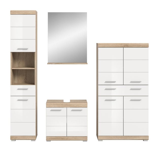 Badmöbel-Set mit Hochschrank, Waschbeckenunterschrank, Spiegel mit Ablage und Seitenschrank in Eichenoptik mit weißen Fronten.