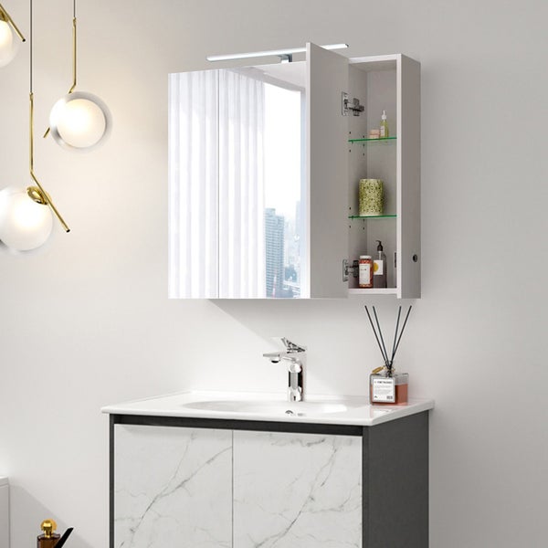 ML-Design Spiegelschrank Bad 3-Türig mit LED Beleuchtung, Steckdose, Lichtschalter und 6 höhenverstellbaren Glaseinlegeböden, 90x72x15 cm, Weiß, Badschrank Badezimmerschrank Badspiegel Wandspiegel