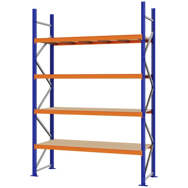 Robustes Weitspannregal aus Metall in Blau und Orange mit vier Fachböden aus Holz für Werkstatt und Lager.
