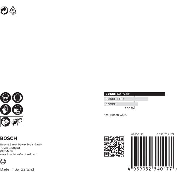 Hinweise zur Verwendung von Schutzausrüstung, Papierverpackungsrecyclingsymbol, Bosch Logo, Diagramm der Produktleistung