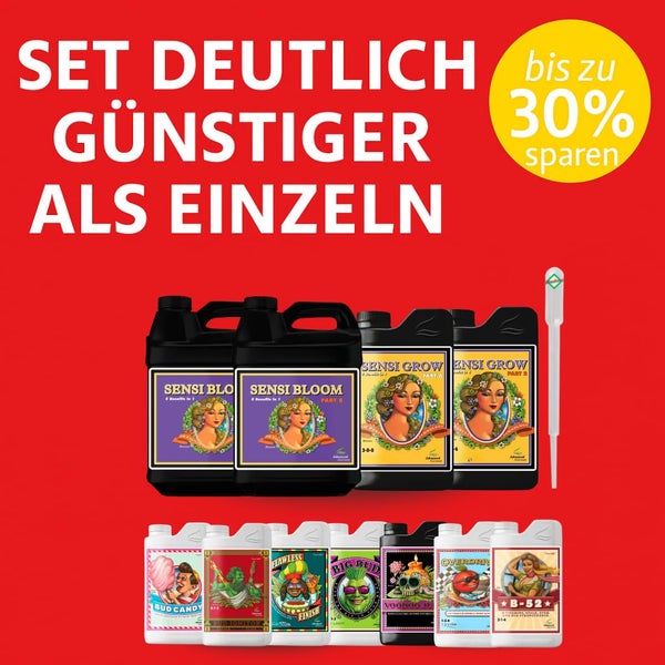Pflanzendünger-Set von Advanced Nutrients mit Sensi Grow, Sensi Bloom und Zusätzen. Das Set ist bis zu 30 Prozent günstiger als Einzelkauf.
