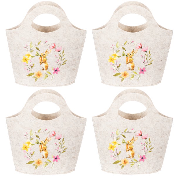 Vier Filztaschen mit Hasen- und Blumenmuster als Osterdekoration