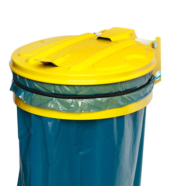 Gelber VAR Müllsackhalter mit Klappdeckel zur Wandmontage und blauem Abfallsack.