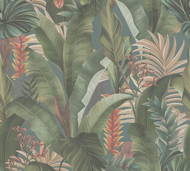 Dekorative Szene mit Dschungeltapete, Rahmen mit Gesichtszeichnung, Spiegel und dekorativen Objekten auf einem Sims