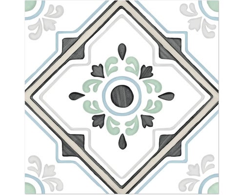 Quadratische Dekorfliese mit floralem und geometrischem Muster in Grau, Grün und Blau.