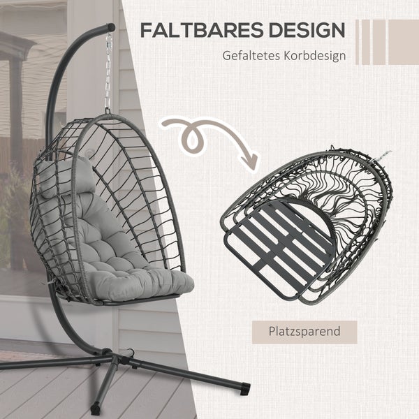 Outsunny Rattan Hängesessel, Hängestuhl, für Terrasse, Garten, bis zu 100 kg, Höhe 194 cm, Stahl, PE Rattan, Hellgrau