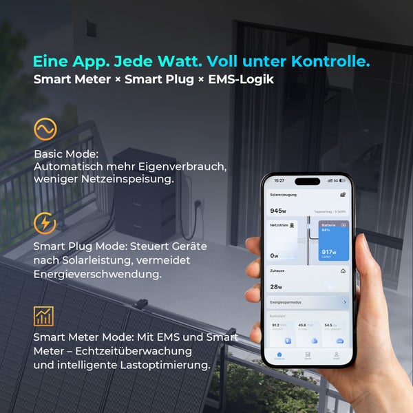 Balkonkraftwerk mit Speicher und App-Steuerung zur Überwachung von Solarertrag, Netzstrom und Hausverbrauch auf einem Smartphone.