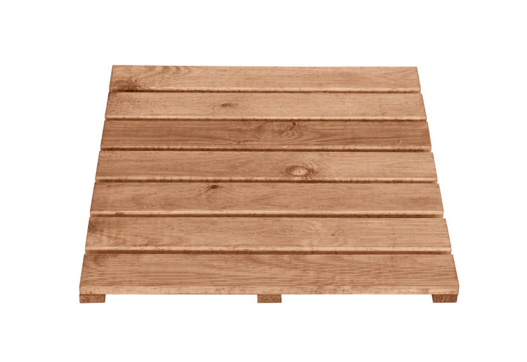 Quadratische Holzfliese für Terrasse oder Balkon aus geriffelten Holzbohlen.