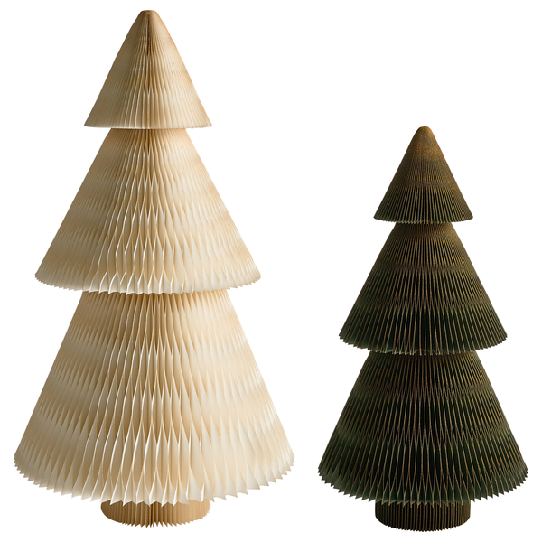 Zwei dekorative Weihnachtsbäume aus Papier mit Wabenstruktur in Creme und Dunkelgrün, verschiedene Größen.