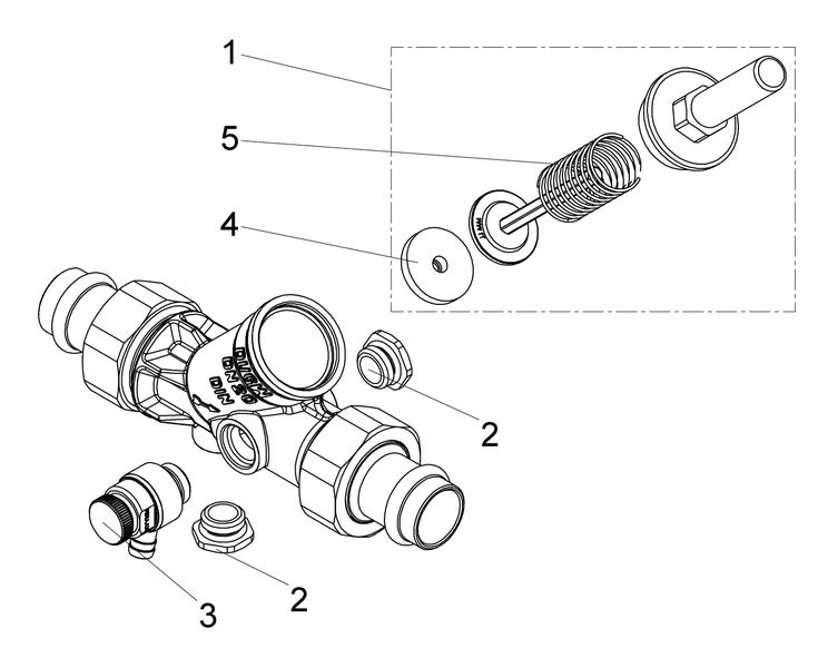 Technische Zeichnung einer Ventil-Baugruppe mit Nennweite 20 und nummerierten Einzelteilen wie einer Feder und Dichtungen.