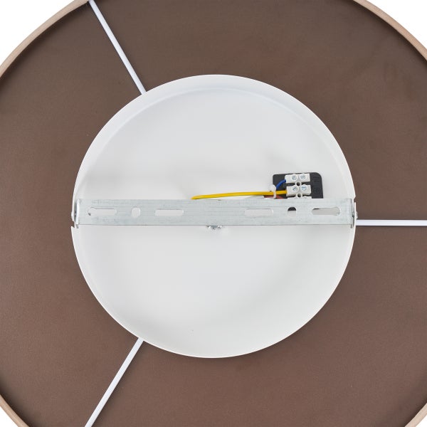 Rückansicht einer braunen Deckenleuchte mit weißer Montageplatte und Metallschiene.