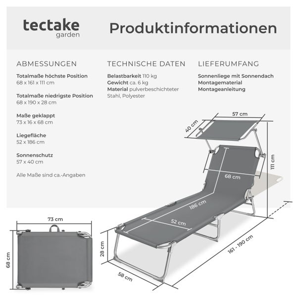Gartenliege tectake  190 x 68 x 28 cm klappbar grau