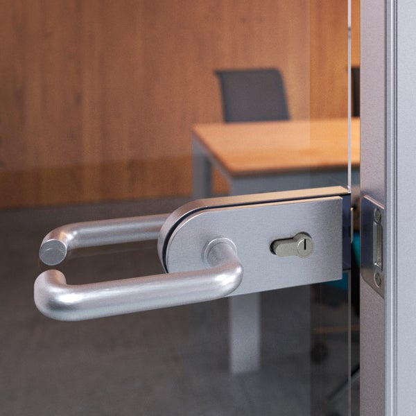 Edelstahl Glastürbeschlag mit Drückerpaar für Zimmertüren im Büro mit integriertem Schloss.