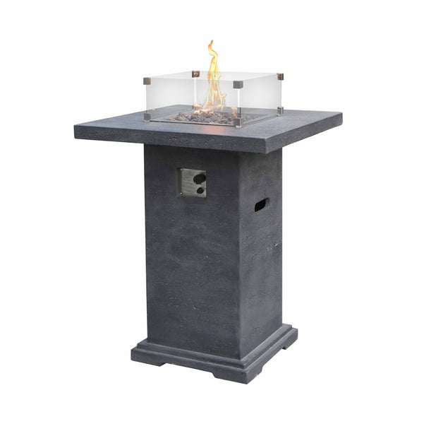 Quadratischer Gaskamin in Betonoptik mit Glas-Windschutz, Lavasteinen und brennender Flamme für Terrasse und Garten.