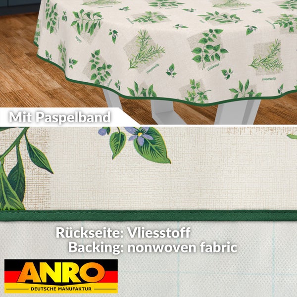 Tischdecke mit Kräutermuster und Paspelband sowie Rückseite aus Vliesstoff
