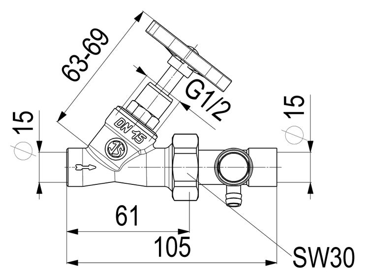 Technische Zeichnung eines Schrägsitzventils DN 15 mit Maßangaben in Millimetern und Gewindegröße G ein halb.