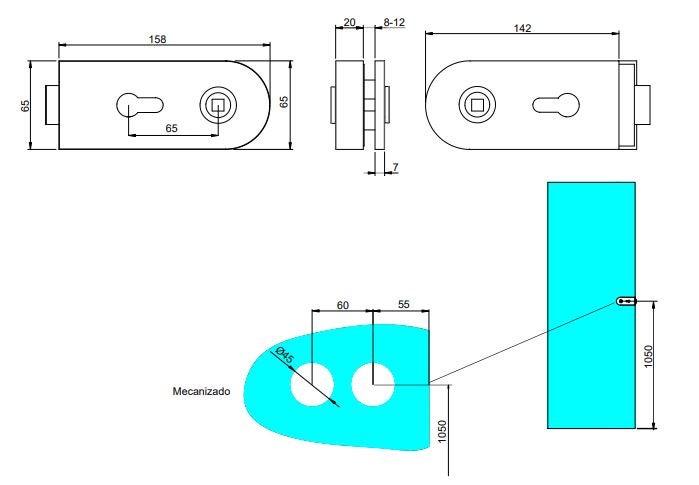 Technische Zeichnung eines Glasschlosses mit Maßangaben für die Montage an einer Glastür.