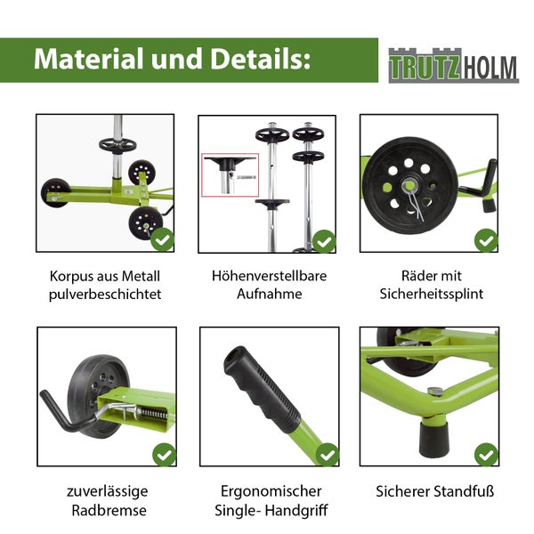Material und Details des Trutzholm Montagewagen: pulverbeschichteter Metallkorpus, höhenverstellbare Aufnahme, Räder mit Sicherungssplint, zuverlässige Radbremse, ergonomischer Einzelhandgriff, sicherer Standfuß.