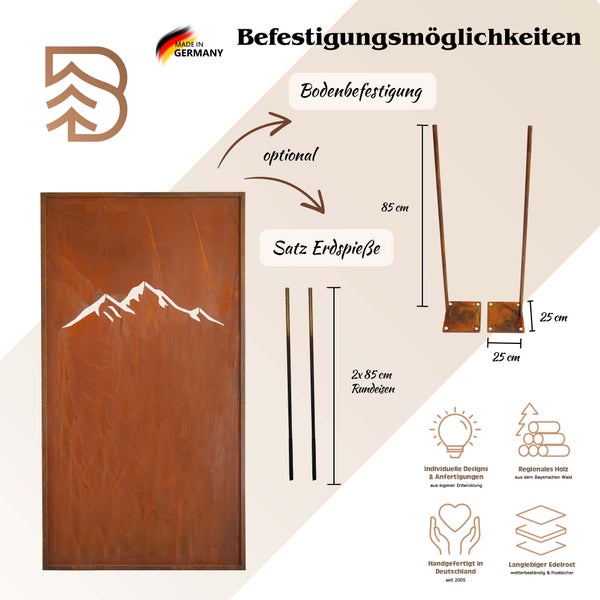 Edelrost Sichtschutzelement mit Bergmotiv inklusive optionaler Bodenbefestigung und Erdspießen sowie Informationen zu Material und Herstellung.
