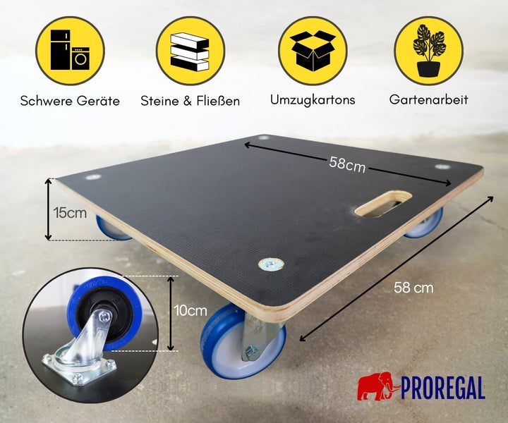 Möbelroller mit den Maßen 58 mal 58 Zentimeter und einer Höhe von 15 Zentimetern zur Verwendung mit schweren Geräten, Steinen, Fliesen, Umzugskartons und für die Gartenarbeit