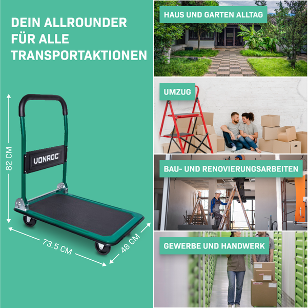 VONROC Plattformwagen klappbar 150kg - Rollwagen als Transporthilfe - Transportwagen mit Griff