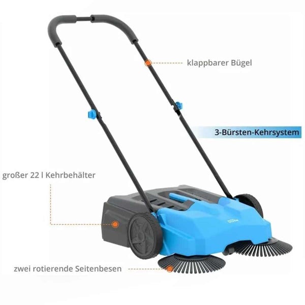 Handgeführte Kehrmaschine mit zwei rotierenden Seitenbesen, 3-Bürsten-Kehrsystem, klappbarem Bügel und 22 Liter Kehrbehälter.