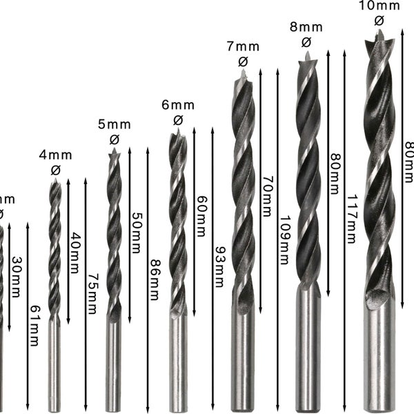 Bosch Holzbohrer Set mit sieben Teilen, Größen von 3 bis 10 Millimeter, in grauer Verpackung