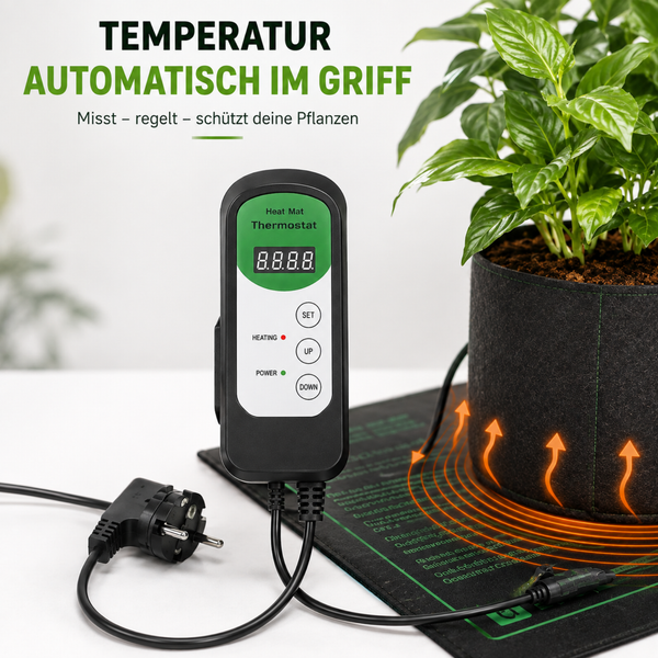 Digitales Thermostat für Heizmatten zur automatischen Temperaturregelung in der Pflanzenzucht mit Display und Steuertasten.