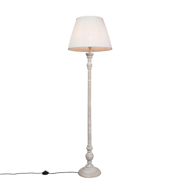 QAZQA - Retro Ländliche Stehlampe grau mit weißem Plisseeschirm - Classico I Wohnzimmer I Schlafzimmer - Holz Rund - LED geeignet E27