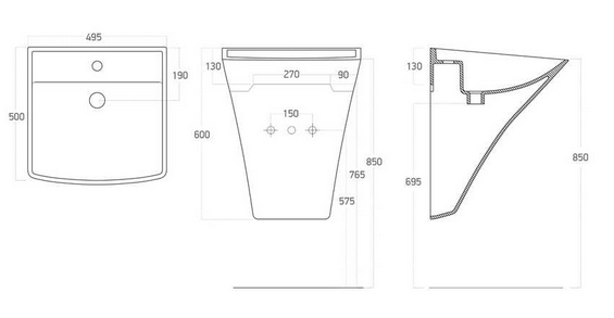 Technische Zeichnung eines Waschbeckens mit Maßangaben