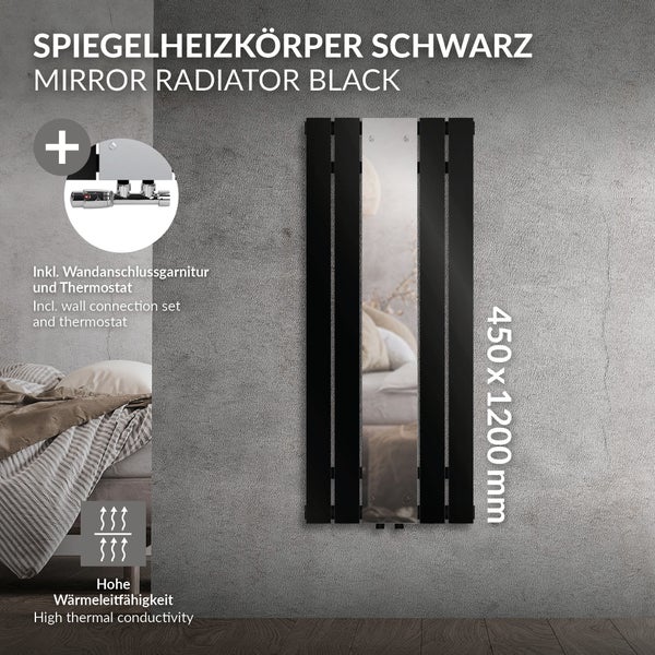 LuxeBath Badheizkörper mit Spiegel Mittelanschluss 1200x450 mm Schwarz Wandanschlussgarnitur Eckform Multiblock Thermostat Chrom, Paneelheizkörper Vertikal Einlagig Spiegelheizkörper Glasheizkörper
