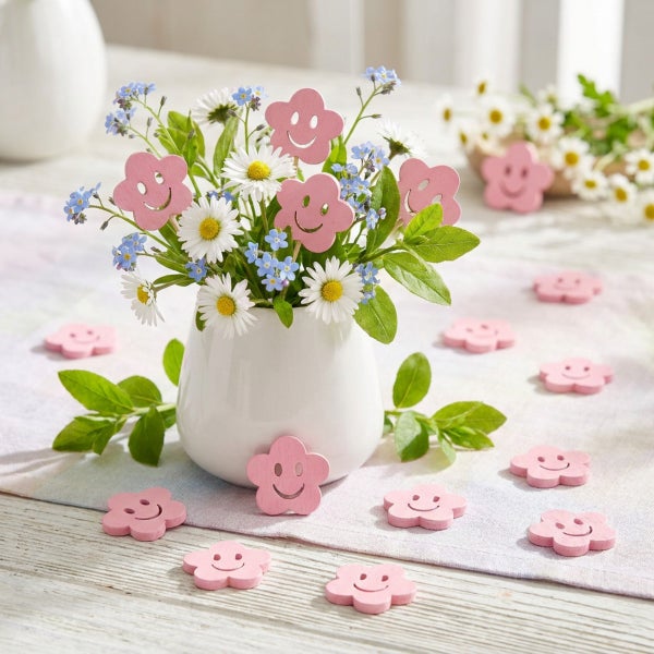 Eine weiße Vase gefüllt mit Gänseblümchen und Vergissmeinnicht, dekoriert mit hölzernen Blumensteckern mit lachenden Gesichtern als Tischdeko.