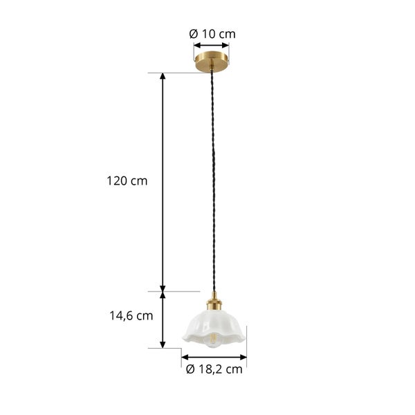 Pendelleuchte: Baldachin Durchmesser 10 Zentimeter, Kabellänge 120 Zentimeter, Höhe 14,6 Zentimeter, Schirmdurchmesser 18,2 Zentimeter.