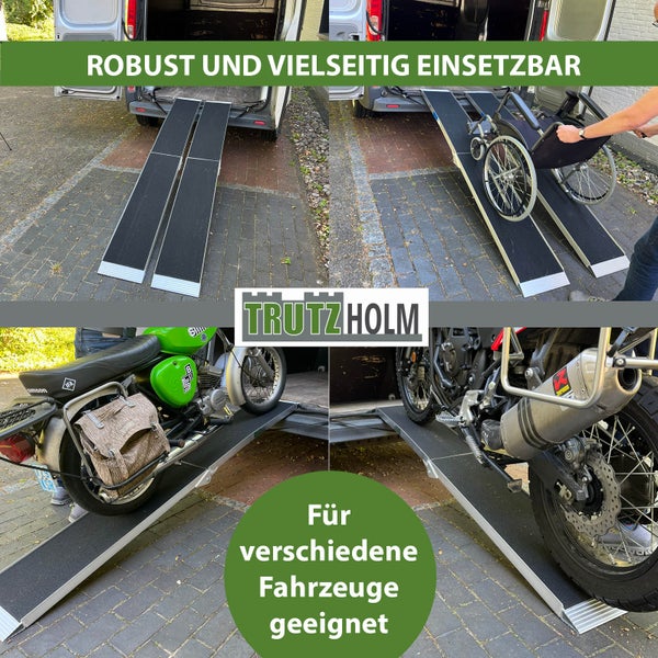 Mehrere Bilder von TrutzHolm Verladeschienen im Einsatz mit Rollstuhl und Motorrädern