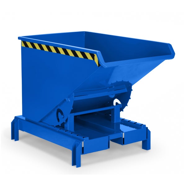 Blauer Kippbehälter mit Warnmarkierung