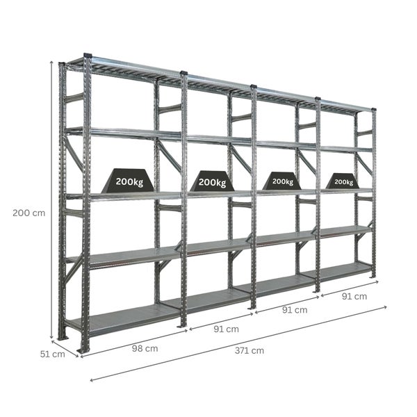 Metallregal mit den Maßen 200 cm Höhe, 371 cm Breite und 51 cm Tiefe, Traglast 200 kg pro Regalboden.