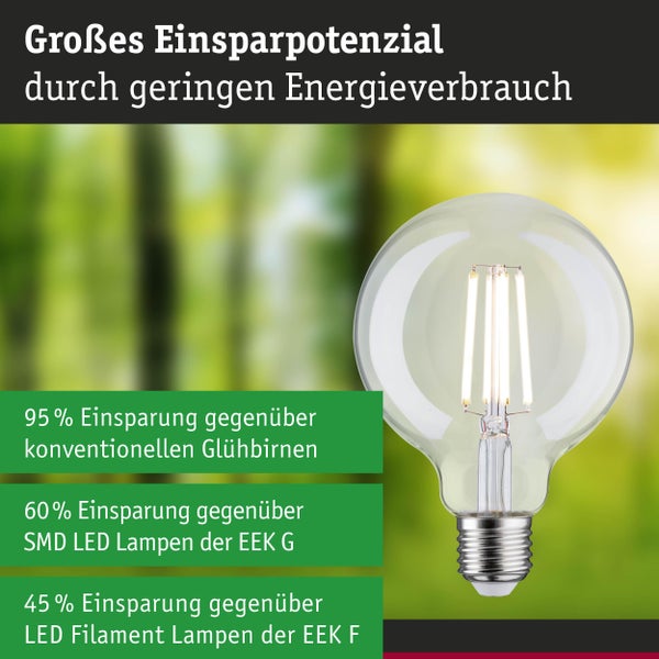 LED-Filament-Leuchtmittel mit Energieeinsparung: 95 Prozent gegenüber Glühbirnen und bis zu 60 Prozent gegenüber herkömmlichen LED-Lampen.
