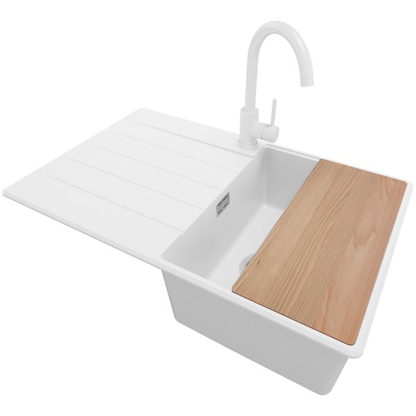 PRIMAGRAN Granitspüle Weiß 78x50cm, Spülbecken 1 Becken + Küchenarmatur 32x20cm + Ablauf-Set + Schneidebrett, Küchenspüle ab 45er Unterschrank - Kopenhagen