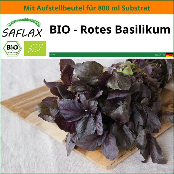 SAFLAX Garden in the bag - BIO - Rotes Basilikum - Ocimum basilicum - 400 Samen - Mit Anzuchtsubstrat im praktischen, selbst aufstellenden Beutel