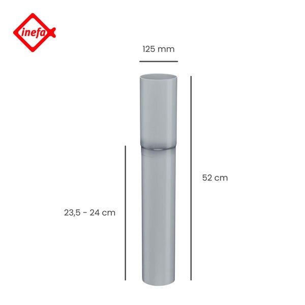 Inefa Logo, graues Regenfallrohr aus Kunststoff mit einem Durchmesser von 125 Millimeter, einer Gesamtlänge von 52 Zentimeter und einer Teillänge von 23,5 bis 24 Zentimeter.