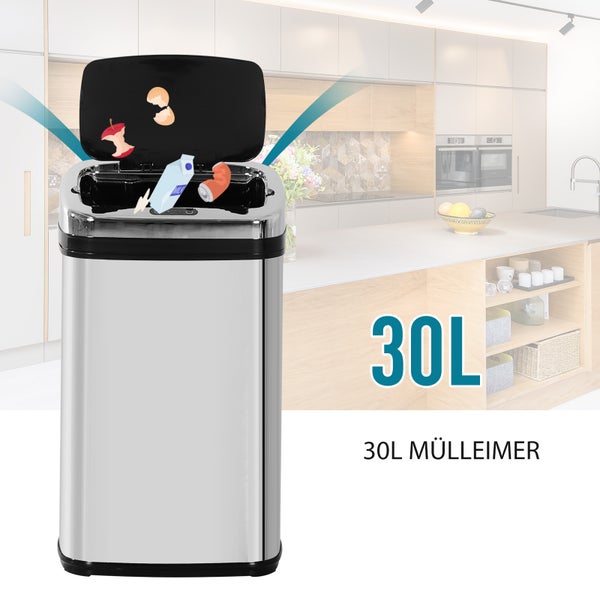 HOMCOM Edelstahl Automatik Sensor Mülleimer Abfalleimer IR Sensor mit/ohne Inneneimer rund viereckig (30L/viereckig)