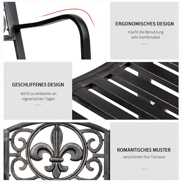 Details einer Gartenbank aus Metall mit ergonomischer Armlehne, Lattenrost-Sitzfläche und dekorativer Rückenlehne mit Lilienmuster.
