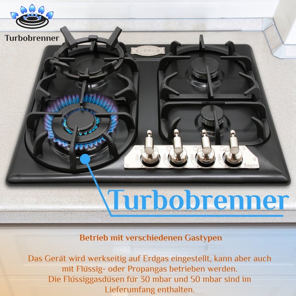 Kaiser Gaskochfeld mit vier Kochstellen und Turbobrenner auf einer Arbeitsplatte integriert.