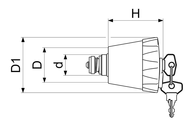 Technische Zeichnung eines abschließbaren Tankdeckels mit Schlüsseln und Maßangaben für Höhe und Durchmesser.