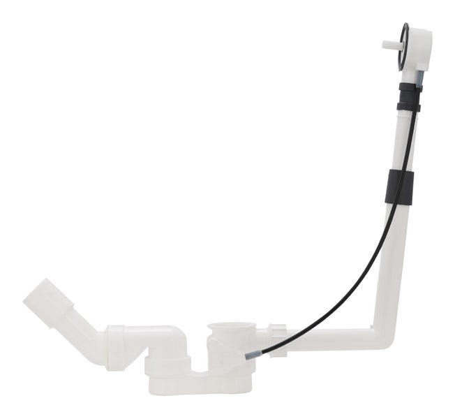 Ab- und Überlaufgarnitur für Badewannen aus weißem Kunststoff mit Siphon und Bowdenzug.