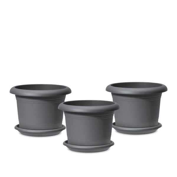 Scheurich 3er Set Blumentöpfe Oliver mit Untersetzern, Farbe: Metallic Grey, 40,4 cm Durchmesser, 28,1 cm hoch, 19,3 l Vol.
