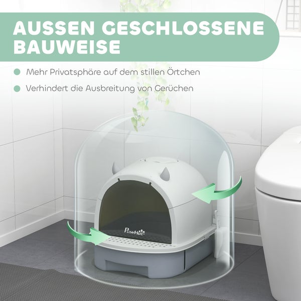 Geschlossene PawHut Katzentoilette in einem Badezimmer, bietet Privatsphäre und verhindert Geruchsbildung.