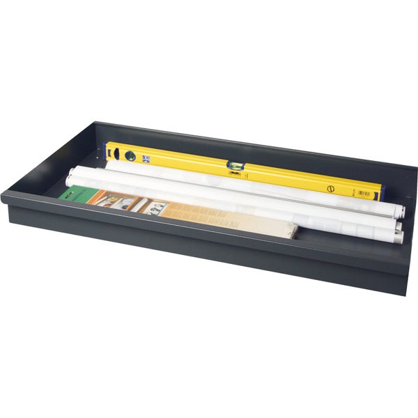 Grauer Metall-Schubladenschrank für die Werkstatt mit acht Schubladen und Zentralschloss.