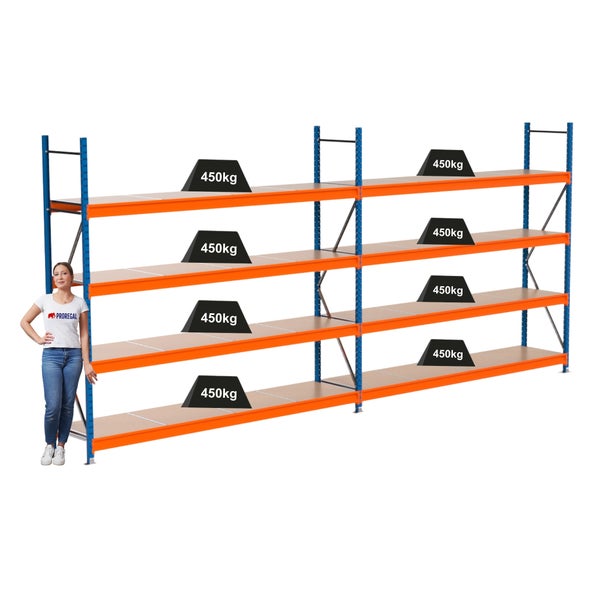 Regalsystem mit vier Ebenen und einer Traglast von 450 Kilogramm pro Ebene.