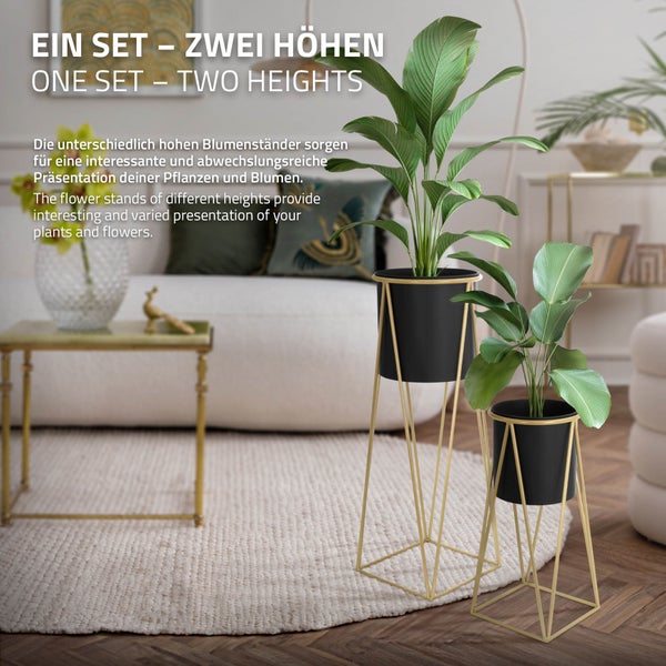 ML-Design Blumenständer 6er Set, Schwarz-Gold, 21,8x22x47cm/25x25x71cm, Stahl, Blumentopfständer mit Übertopf, Metall Pflanzenständer, Blumentopfhalter 6-tlg, Pflanztopf Deko Blumensäule Blumenhocker